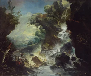 Landskab med vandfald, ca. 1700-07 (olie på lærred)