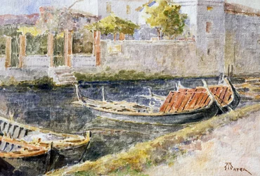 Sirmione ved Gardasøen, af Antonio Mayer (1862-1921), akvarel. Italien, det 20. århundrede.