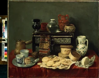 ""Still Life with an Ebony Chest"" (Still Life with an Ebony Chest) Oste, service, kande, serviet, krukker, kaffekværn og honningske. Maleri af Antonio de Pereda y Salgado (1611-1678) 1652 Dim. 80x94 cm Saint Petersbou Hermitage Museum