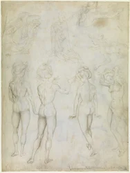 Fire studier af et kvindeligt nøgenbillede, en bebudelse og to studier af en svømmende kvinde, ca. 1425 (metalspids, pen og blyant i brunt på pergament)
