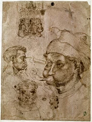 Fire mænds hoveder, hvoraf to har tre ansigter. En altertavle. En hest. Tegninger fra Antonio di Puccio Pisano dit Pisanellos værksted (1395-1455). Brunt blæk, pen (tegning), blod. Mål: 27,1 x 20,5 cm. Louvre, Cabinet des medailles.