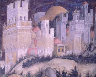 St George og Prinsesse, by med tårne, af Antonio Pisanello (1395-1455), fresco, Basilica of St Anastasia, Verona