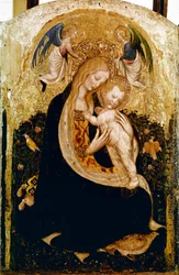 Madonnaen har vagtler Detrempe på træ af Pisanello (Antonio Pisano) (ca. 1380-1455). 1420 ca. Dim.50x33 cm Verone, Castevecchio Museum - Madonna med en vagtel, af Antonio Pisano a.k.a Pisanello (1380-c.1455)., Tempera på træ, 50x33 cm