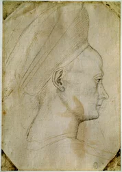 Ung kvindes hoved, i profil til højre. Tegning af Antonio di Puccio Pisano dit Pisanellos værksted (1395-1455). Brun blæk, sort sten, fjer. Mål: 24,6x17,2 cm. Louvre, Cabinet dessins.