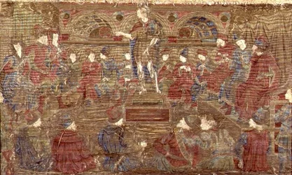 Johannes Døberen irettesætter Herodes, billedtæppe, der skildrer scener fra helgenens liv (tekstil)