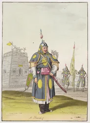 Kinesisk soldat i fuld kampdragt, illustration fra 