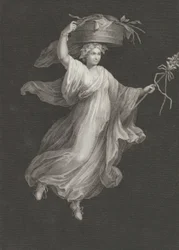 En bacchante, der bærer en stor kurv på hovedet og holder en stav i sin le..., ca. 1795-ca. 1820.