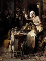 Detalje af: "" Den italienske luthier Stradivarius (1644-1737) i hans værksted"" Maleri af Antonio Rinaldi (1800-tallet) 1886 Cremone, Museo Civico