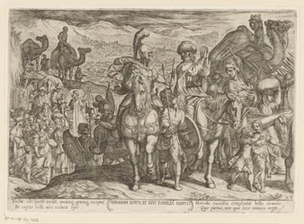 Abraham tager Lot og hans familie til sit eget land Abraham Loth, et familia reducit (titel på objekt) Gamle Testamentes kampscener (serietitel)