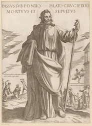 De heilige Jakobus de Mindere Lider under Pontius Pilatus, korsfæstet, død og begravet (titel på objektet) Kristus, Maria og apostlen (serietitel)