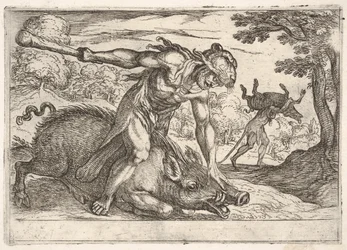 Hercules and the Boar of Erymanthus: Hercules holder ornens tryne nede med sin venstre ha..., 1608.