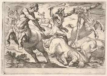 Hercules and the Centaurs: Hercules holder hovedet af en kentaur med sin venstre hånd og rai..., 1608.