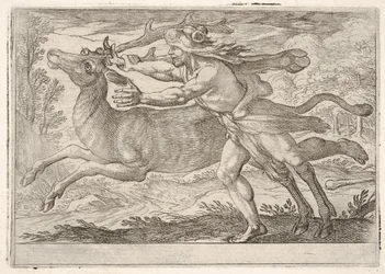 Hercules and the Hind of Mount Cerynea: Hercules skrider langs med bagdelen og griber..., 1608.