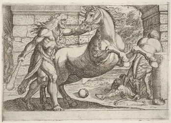 Hercules and the Mares of Diomedes: Hercules griber tøjlen på en opvoksende hest, en sekund..., 1608.