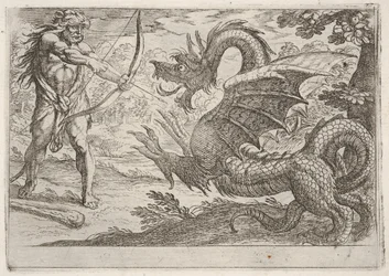 Herkules og slangen Ladon: Herkules spænder sin bue, den rejsende slange ses i profil, 1608