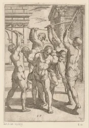 Slag af tre helgener med bundet ryg Tortur udsat af kristne martyrer (serietitel) Varia tormentorum et supplicioru crudelium (...) (serietitel)