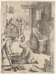 Mænd og kvinder, der vejer, siler og koger bouillon