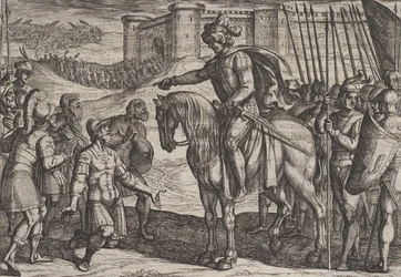 Plade 19: Mænd fra fæstningen overgiver sig og lover deres liv til Civilis, fra krigen ..., 1611.