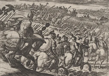 Plade 25: Den romerske kommandør Cerialis angreb nær Trier, fra The War of the Romans Agai..., 1611.
