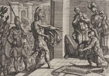 Plade 26: Cerialis benåder og aflaster romerske soldater, der havde hjulpet Civilis, fra The Wa..., 1611.