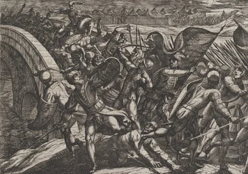 Plade 27: Hollænderne under et overraskende angreb af den romerske lejr ved Mosel, fra The Wa..., 1611.
