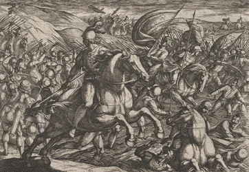 Plade 30: Cerialis driver hollænderne ind i Rhinen, fra The War of the Romans Against th..., 1611.