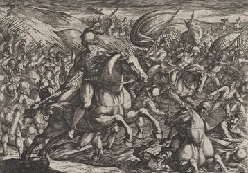 Plade 30: Cerialis driver hollænderne ind i Rhinen, fra The War of the Romans Against th..., 1611.