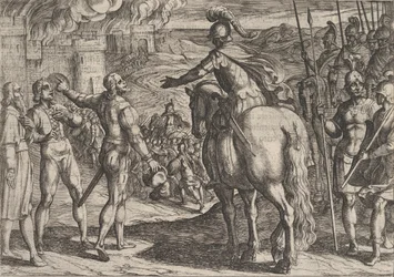 Plade 34: Romerne brænder det hollandske landskab, fra The War of the Romans Against the..., 1611.