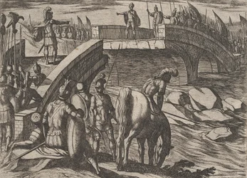 Plade 36: Civilis og Cerialis mødes på en knust bro for at nå til enighed, fra The War of..., 1611.