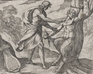 Plade 58: Apollo dræber Marsyas Marsyas besejret af Apollo, fra Ovids 