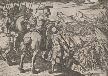 Plade 5: Alexander dirigerer et slag, fra Alexander den Stores gerninger, 1608.,