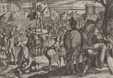 Tavle 5: Bruno udnævnes til leder af caninefaterne, fra Romernes krig mod..., 1611.