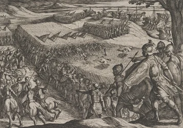 Plade 6: Romerne besejret nær Rhinen, fra The War of the Romans Against the Batavians ..., 1611.
