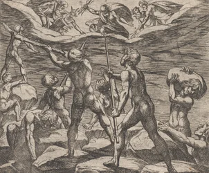 Plade 6: Kæmperne forsøger at storme Olympus Gigantomachia, fra Ovids 