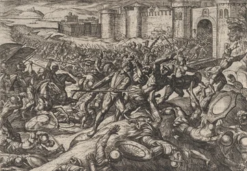 Plade 9: Romerne besejret af de hollandske tropper ved Bonna, fra The War of the Romans Agai..., 1611.