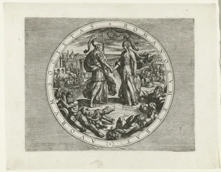 Titelprent voor de serie De Bataafse Opstand, 69-70 Society of the Romans and the Dutch (1) (titel på objektet) De Bataafse Opstand (serietitel) Hollændernes krig med romerne, à Cor. Tacito / De Batavische Oft Oude Hollandtsche Oorloghe teghen de Romeynen 