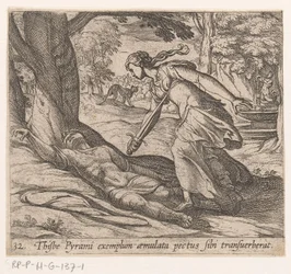 Thisbes selvmord - Thijsbe Pyrami exemplum aemulata pectus sibi transuerberat (titel på objektet) - Metamorphoseon sive transformationum (serietitel) - Ovids Forvandlinger (serietitel)