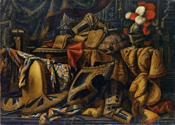 Rustning, hjelm, skjold, sværd (olie på lærred)