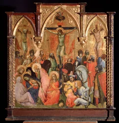 Korsfæstelse, med de to tyve korsfæstet med Jesus Kristus (tempera og guld på panelet