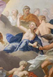 Arkitektur, der holder en rulle, der afslører en arkitektonisk tegning, og Vinter med Stenbukken, detalje af loftet i Painted Room (malet loft)