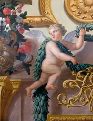Detalje af et vægmaleri, der viser en kerub, der holder en laurbærkrans og guirlande, The Banqueting House