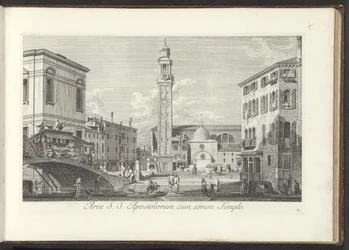 Udsigt over Campo dei Santi Apostoli te Venetië Område for St. S. Apostles med deres tempel (titel på objektet) Gezichten op bugemenen en pleinen in Venetië (serietitel) De mere berømte udsigter over byen Venedig, fra Antonius-kanalens 38 paneler, trykt i 