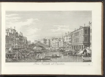 Se på Canal Grande og Rialtobrug i Venedig Rivoalti-broen mod øst (titel på objekt) De mest berømte udsigter over byen Venedig, fra Antonius-kanalens 38 paneler, trykt på messing af Antonio Visentini, opdelt i tre dele. den anden del (ser