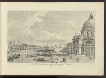 Se på Canal Grande en de Santa Maria della Salute i Venedig Fra Frelsens Hus til Kanalhovedet (titel på objekt) Den mest berømte udsigt over byen Venedig, fra Antonius-kanalens 38 paneler, trykt på messing af Antonio Visentini, i tre dele