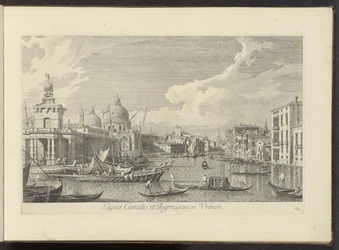 Se på Canal Grande i Venedig Leder af kanalen og indgangen til byen (titel på objekt) De mest berømte udsigter over byen Venedig, fra Antonius-kanalens 38 paneler, trykt på messing af Antonio Visentini, opdelt i tre dele. første del (serietitel