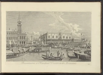 Se på Canal Grande te Venetië med de Bucintoro van de doge Bucentaurus og Nundinae Venetae på Kristi Himmelfartsdagen (titel på objekt) Den mest berømte udsigt over byen Venedig, fra Antonius-kanalens 38 paneler, trykt i luften af ​​Antonio Visentini