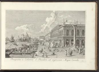 Hoek van het San Marcoplein med de Biblioteca Marciana Udsigt fra St. Theodors søjle til indgangen til Canal Grande (titel på objektet) De mest berømte udsigter over byen Venedig, fra Antoniuskanalens 38 paneler i messing, trykt af Antonio Visentini i dele