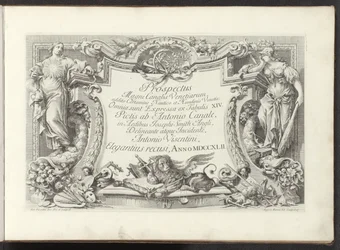 Titeltryk med kartouche med Visdom og Magt Udsigt over Canal Grande i Venedig (serietitel) Prospectus Magni Canalis Venetiarum (serietitel på objekt)