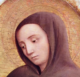 Hoved af en helgen fra St. Hieronymus-altertavlen, 1441 (tempera på panel) (detaljer)