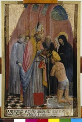 Sankt Ambrosius døber Sankt Augustin, ca. 1441 (tempera på panel)